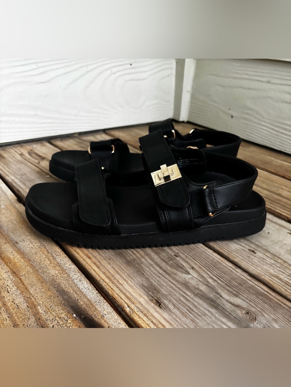 A New Day Black Chunky Comfort Sandals Gold Hardware Adjustable Straps